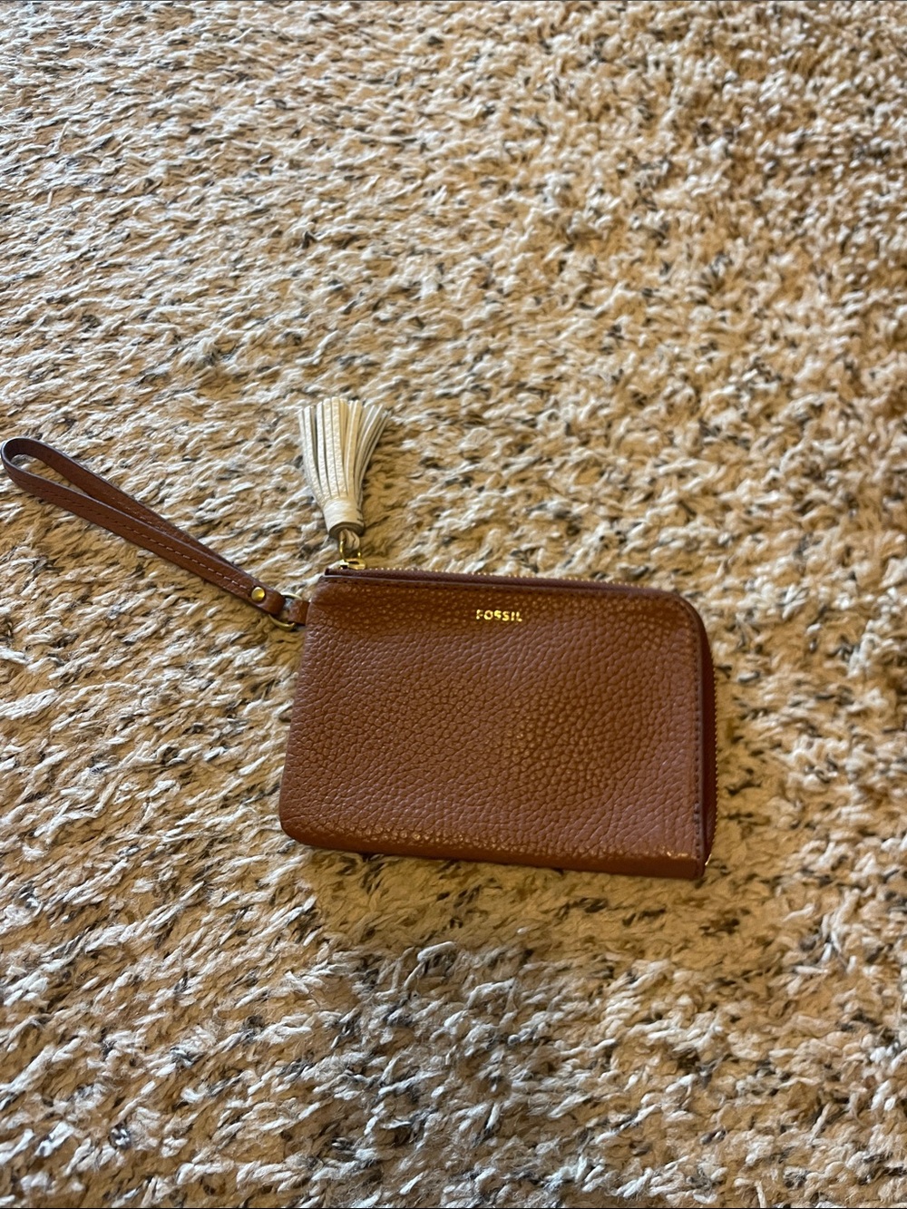 Fossil Brown Pebbled Leather Wristlet with Cream Tassel